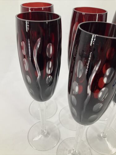 Primary image for Bohemian Czech Cut To Clear Ruby Red Champagne Flutes 9 1/2" Set of 7 Excellent