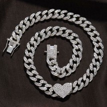  Rapper Full Heavy Heart-shaped Cuban Link Necklace Iced Women For Men - £23.34 GBP