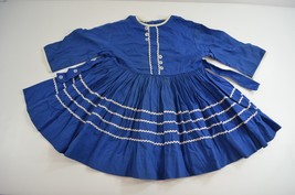 Girls Vintage Blue Dress White Button Handmade Flare Skirt Rick Rack 3-5 Years - £14.45 GBP