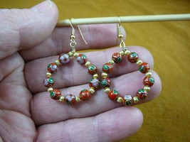 (EE-801-5) Red with pink flower bead Cloisonne hoop dangle circle earrings gold - £23.52 GBP