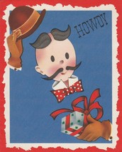 Vintage Christmas Card Old Fashioned Man in Bowler Hat 1940&#39;s Blue Red Trim - £6.86 GBP