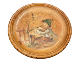 Plate Wooden Boy Playing Music Bird Hand Painted 7.5&quot; Diameter Vintage W... - £7.50 GBP