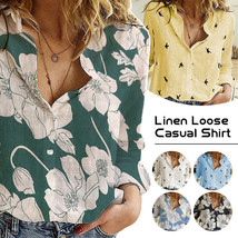 Women Summer Cotton Floral Button Blouse T Shirts Casual Long Sleeve Tops S-5XL - £12.83 GBP