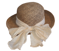 Capelli Straworld Straw Hat Sun Hat Woven Large Beige Bow Sz. Large - £14.91 GBP