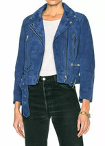 BLUE Women Blue Soft Lambskin Suede Leather Jacket Stylish Handmade Casual Biker - £100.03 GBP+