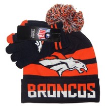 Denver Broncos Nfl Youth Knit Winter Hat &amp; Glove Set Cuff Logo Pom Beanie - £16.90 GBP