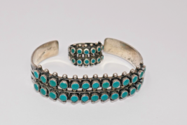 Sterling Silver Zuni Petit Point Turquoise 2-Row Snake Eye Bracelet Cuff... - $299.99