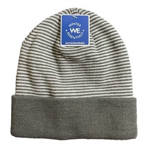 Winter Essentials Unisex Gray White Stripe Knit Stretch Beanie Hat New - $3.94