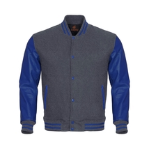 Letterman Varsity Bomber Baseball Jacket Gray Body &amp; Blue Leather Sleeves - £90.24 GBP