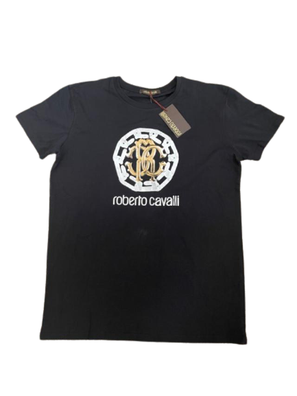 NWT ROBERTO CAVALLI uomo Large men's black t-shirt tee gold silver logo RC  - $69.99