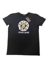 NWT ROBERTO CAVALLI uomo Large men&#39;s black t-shirt tee gold silver logo RC  - £56.29 GBP