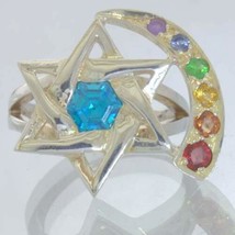 Blue Topaz Hexagram Star Rainbow Accents Silver Ladies Ring size 7.5 Design 215 - £96.37 GBP