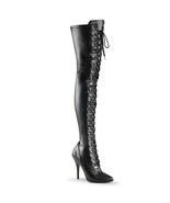 PLEASER Sexy Matte Black D-Ring Lace Up 5&quot; Stiletto Hot Thigh High Boots - $168.21 CAD