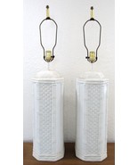 Pair White Vintage Ceramic Bamboo and Woven Table Lamps Palm Regency MCM - $494.01