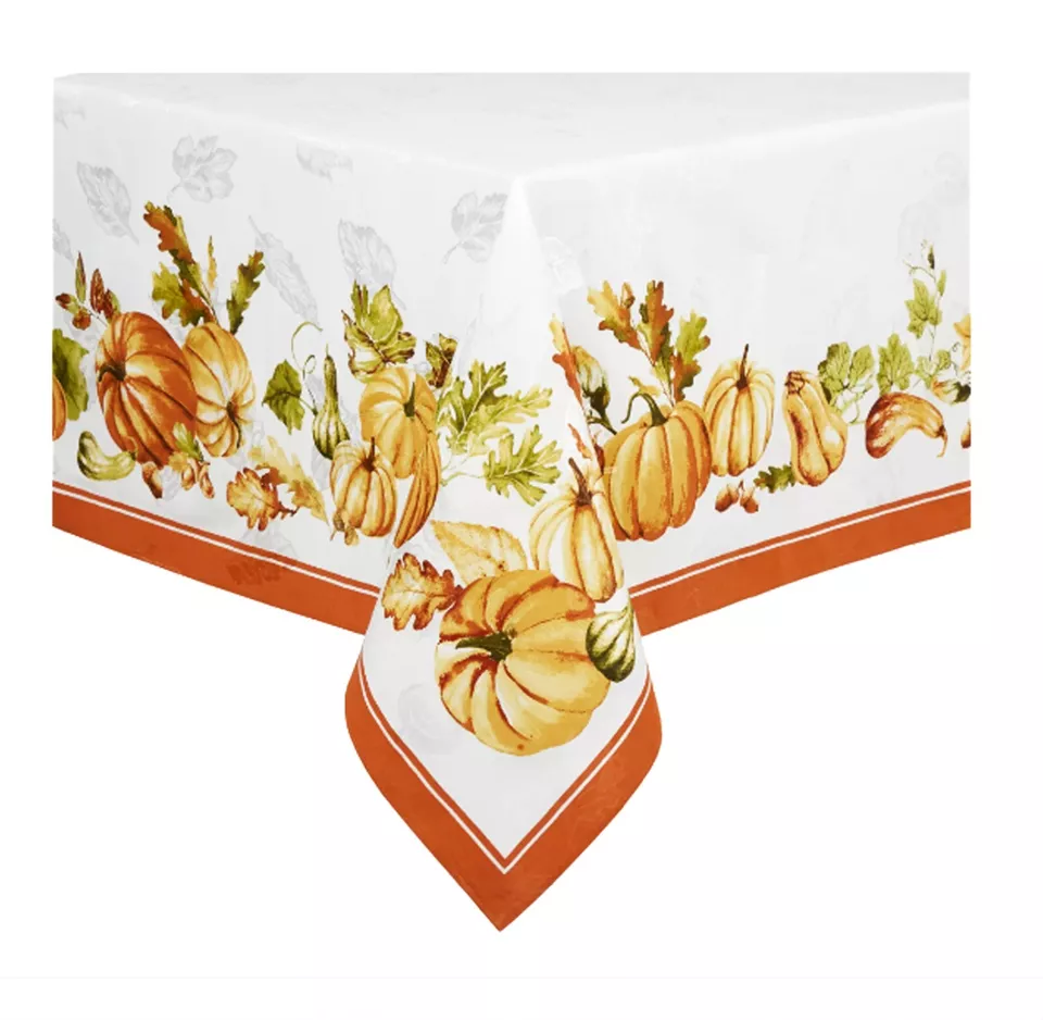 52 x 70 Rectangle Fall Tablecloth Pumpkin Gourds Leaves Border Thanksgiving - $64.99