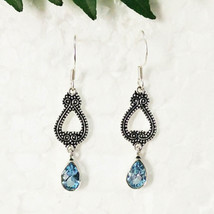 925 Sterling Silver Natural Blue Topaz Earrings Dangle Handmade Gemstone Jewelry - £26.65 GBP