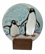 Handmade Fused Glass Disk Figure suncatcher Penguins Wood Stand 3&quot; - $299.08 MXN