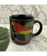Vintage 90s Parrots Birds Coffee Mug Black Green Tropical Decor Cup - $25.71 CAD