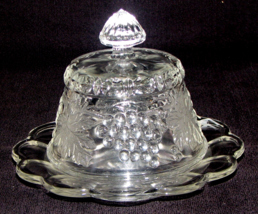 Vtg. Imperial Crystal Glass Butter/ Cheese Ball Dish. Embossed Grapes, leaves - £15.81 GBP