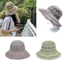 Women&#39;s Hand Crochet Clothe Straw Bucket Sun Hat in Thin Stripe Pattern - £15.95 GBP