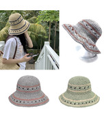 Women&#39;s Hand Crochet Clothe Straw Bucket Sun Hat in Thin Stripe Pattern - $27.41 CAD
