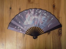 Japanese Art Print Silk Hand Folding Fan Fashion Decor Purple Cherry Wins Fish - £23.46 GBP