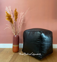 Handmade &amp; Hand-Stitched Moroccan Square Pouf, Genuine Leather, All Black Color - £63.56 GBP