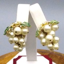 Vintage Pearl Grape Cluster Earrings, Clip On Grapes with Green and Gold Enamel - £33.66 GBP
