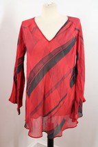 Victoria&#39;s Secret L Red Black Silk V-Neck Bell Sleeve Semi-Sheer Tunic Top - £20.17 GBP