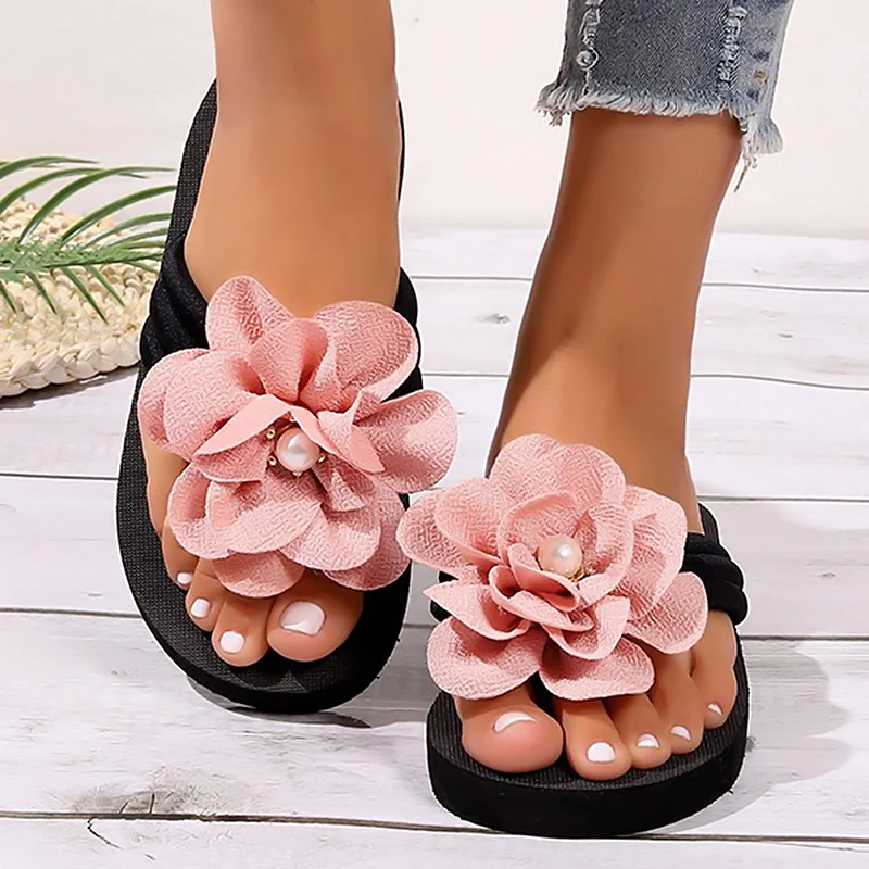 Flower Pearl Flip Flops for Women 2023 Summer Platform Clip Toe Slippers Woman - £13.10 GBP+