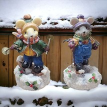 2 Christmas Snowboarding Skiing Mouse Figurines Scarf Hat Metal Poles Mi... - £12.11 GBP