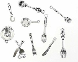 10 Kitchen Charms Antiqued Silver Cooking Pendants Chef Miniatures Fork Plate - £2.65 GBP