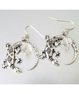 Round Silver Tone LIZARD &amp; Crystal Bead Dangle Pierced Sterling Earrings - $14.84