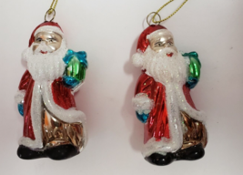 SantaClaus figural set of 2 Christmas Ornaments glitter plastic blow mold small - £7.84 GBP