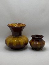 Blue Mountain Pottery Ceramic 2x Vase (Sm + Md) Brown &amp; Gold VTG 1970s Canada - £18.61 GBP