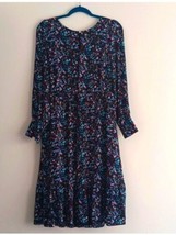 Talbots Dress Size 6 Teal Floral Ruffle hem Keyhole neck Long Slv Modest... - $36.21