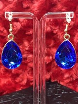 Vintage Blue Rhinestone Tear Drop Earrings 1” Drop Great Sparkle French Hook - £9.05 GBP