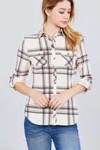 Plaid Checkered Print Shirt w/ 3/4 Roll Up Sleeve &amp; Front Pocket Detail - £31.85 GBP