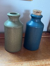 Lot of 2 Artist Signed Nicely Dark Blue &amp; Green Glazed Pottery Ceramic Bottles  - £30.35 GBP