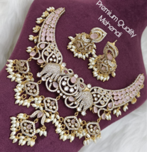 Indian Gold Plated Bollywood Style Choker Necklace CZ Pearl Pink Jewelry Set - £74.43 GBP