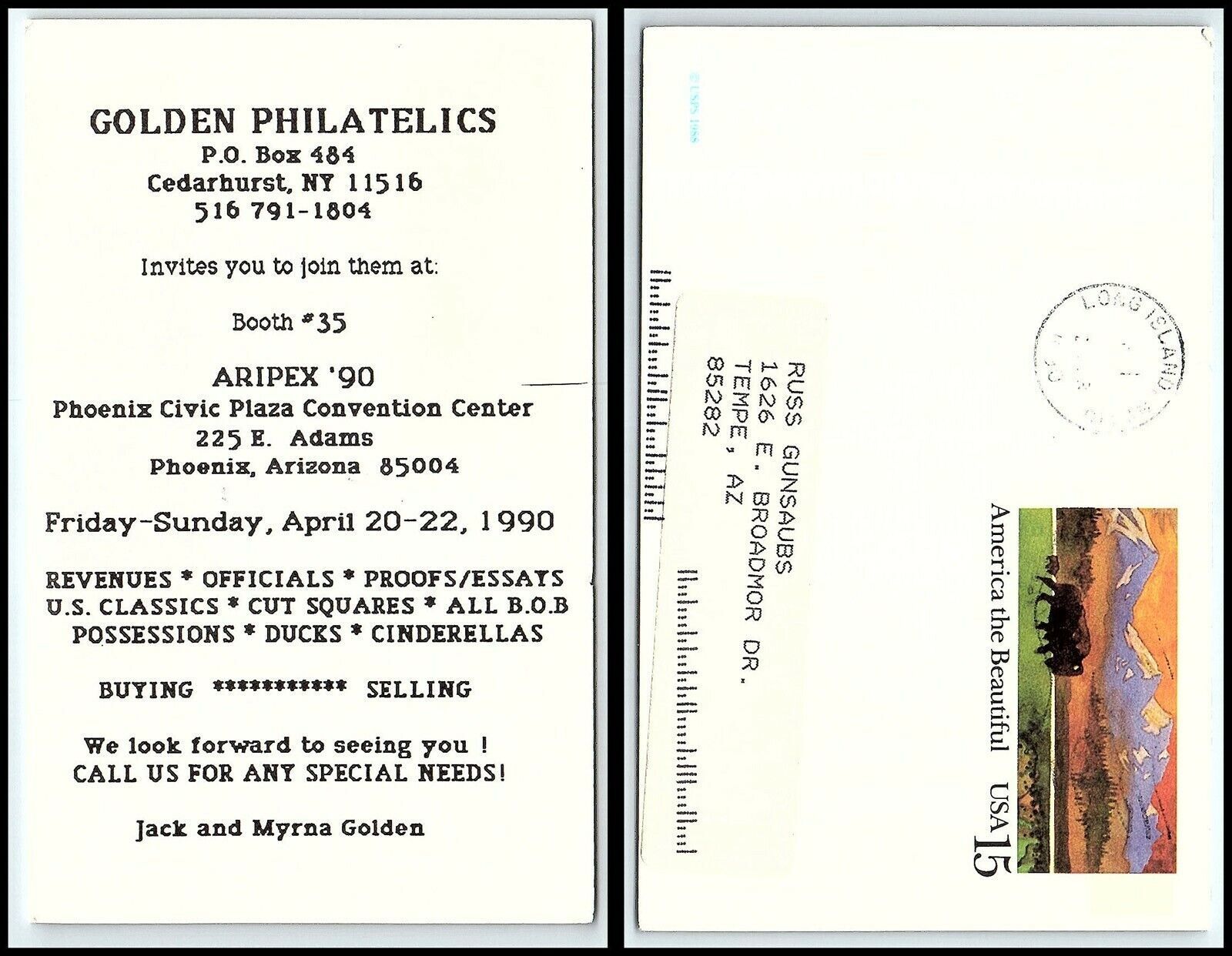 Primary image for US Postal Card - Golden Philatelics, Long Island City, New York to Tempe, AZ T5