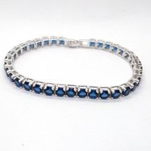 23.37Ct Rotondo Creato IN Laboratorio Zaffiro Blu Tennis Bracciale 14K White Oro - £370.56 GBP