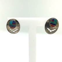 Vtg Sterling Native American Navajo Inlay Multi Stone Oval Post Stud Earrings - £31.64 GBP
