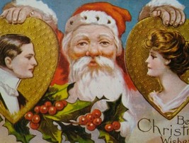 Santa Claus Best Christmas Postcard Lovers In Hearts Reproduction Unused - £10.25 GBP