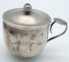 Vintage Fine Silver Lidded Single Handle Sugar bowl with Etched Design Asian - $119.99
