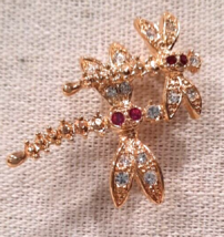 2 Dragonfly Brooch Pin Gold Tone With Rhinestones - £7.37 GBP