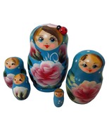 5pcs Hand Painted Russian Nesting Doll Light Blue Color Floral Decor - $29.36 CAD