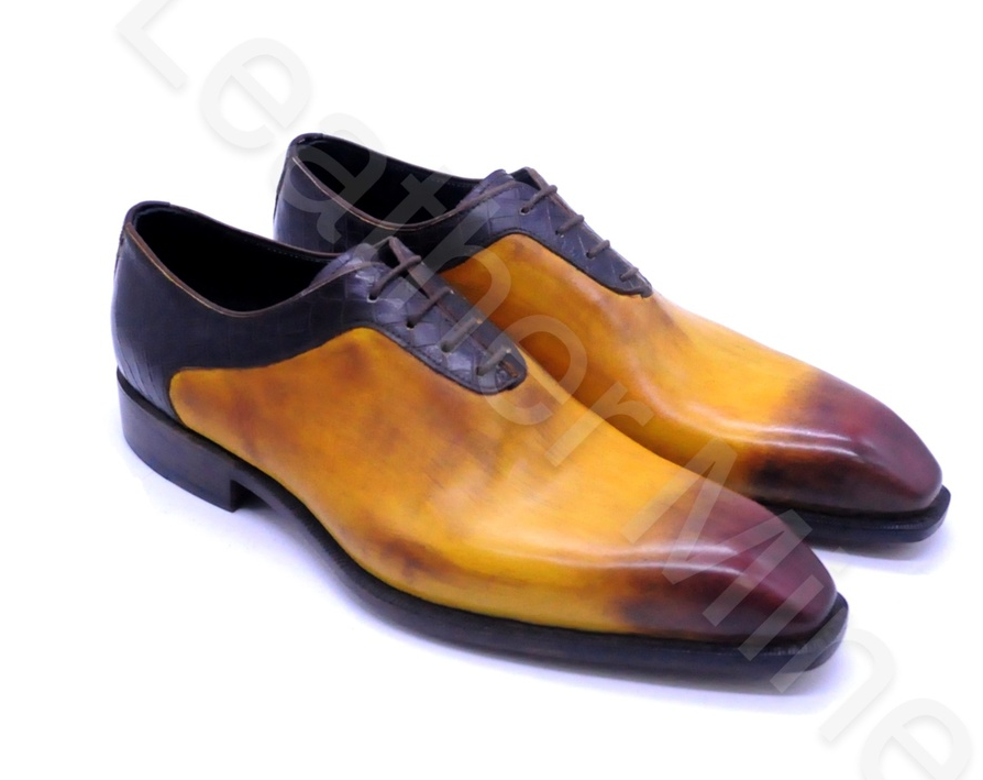Handmade Men's Yellow Patina Leather Oxfords Dress Shoes, Custom Made Formal Sho