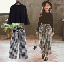 2pcs Teenage Girls Korean Fashion Suit Black Tops+Plaids Loose Pants Cot... - $22.99