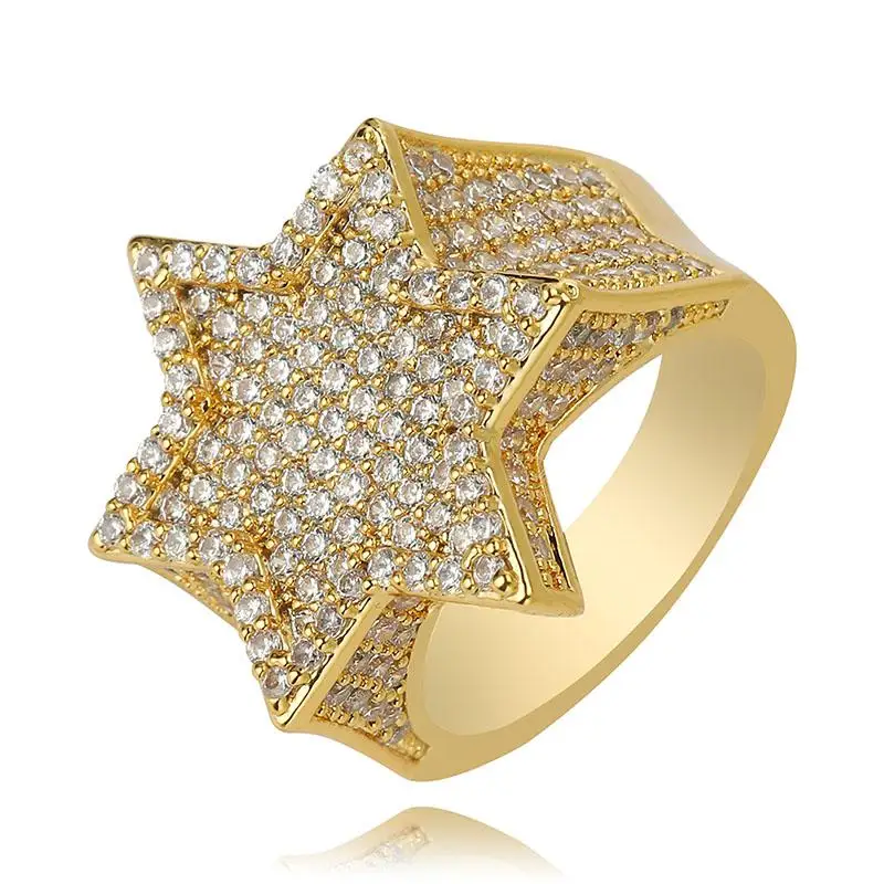 New Iced Out Hexagon Star Rings For Men/Women Micro Paved Gold Silver Color Fini - £23.05 GBP
